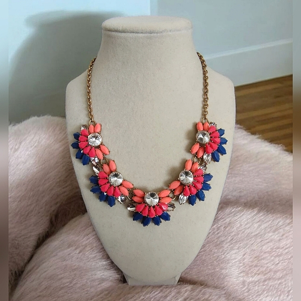 J. Crew Gold Tone Pink & Blue Fan Flowered Statement Necklace Signed